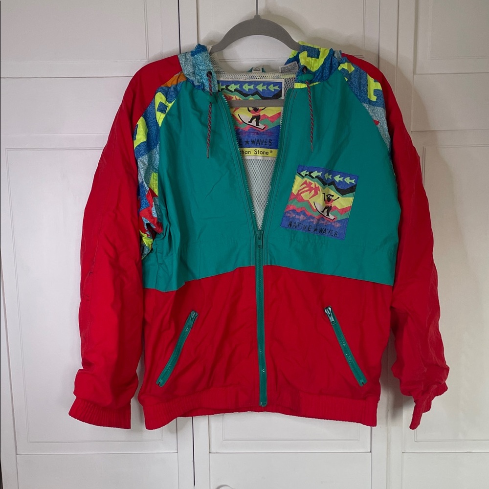 Vintage Native Wave by Jonathan Stone Red and Teal Windbreaker Jacket